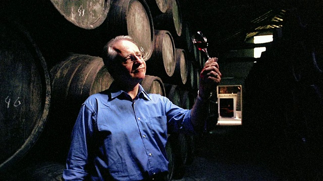 葡萄牙波尔图，一名男子站在堆叠的酒桶前检查+闻红酒视频下载