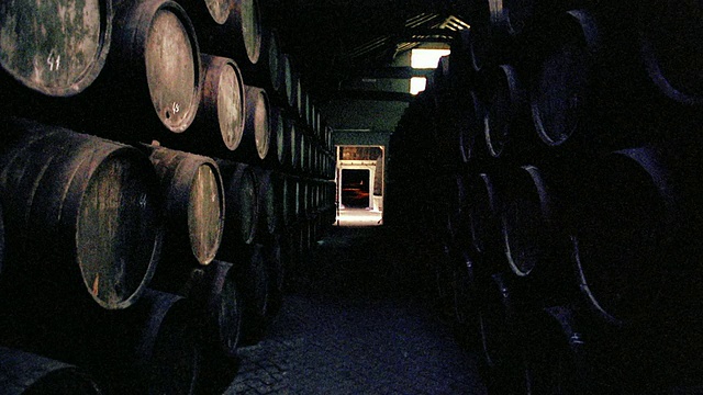 摄影车拍摄PAN通过两排堆放在酒窖/门口的酒桶在背景/葡萄牙波尔图视频下载