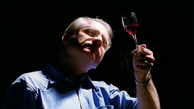 葡萄牙波尔图，一名戴眼镜的男子正在检查和闻一杯红酒视频下载