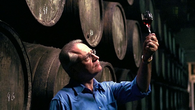 一名男子站在堆叠的酒桶前，检查、闻、尝红酒/葡萄牙波尔图视频下载