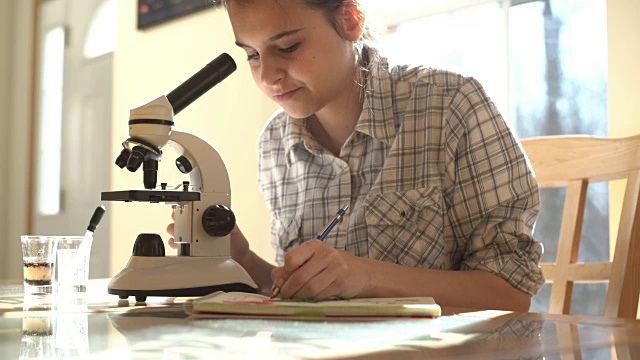 十几岁的女孩用显微镜做实验室工作视频下载