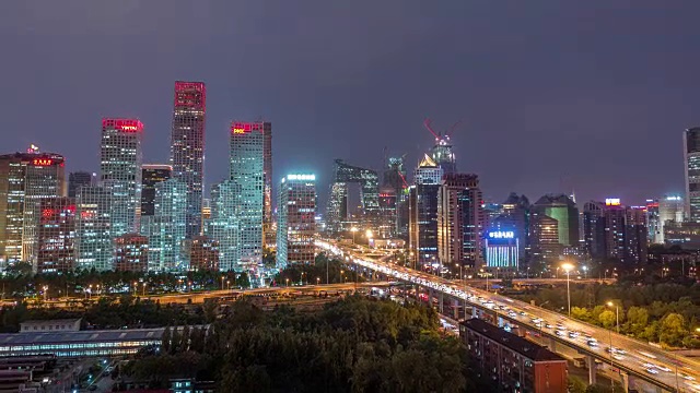 时间推移-鸟瞰图北京天际线在晚上，北京CBD视频素材
