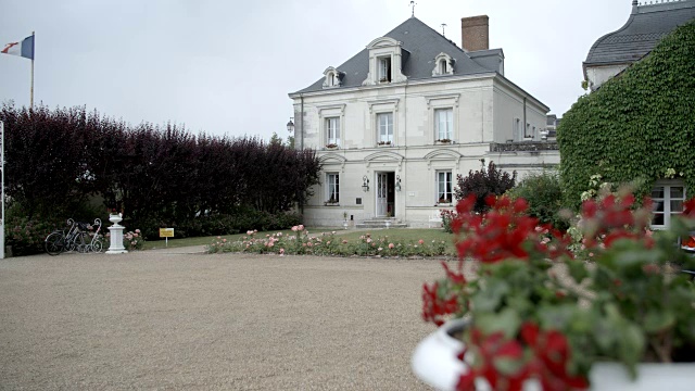 一盆带有老房子和庭园的红花/法国安博伊斯视频下载