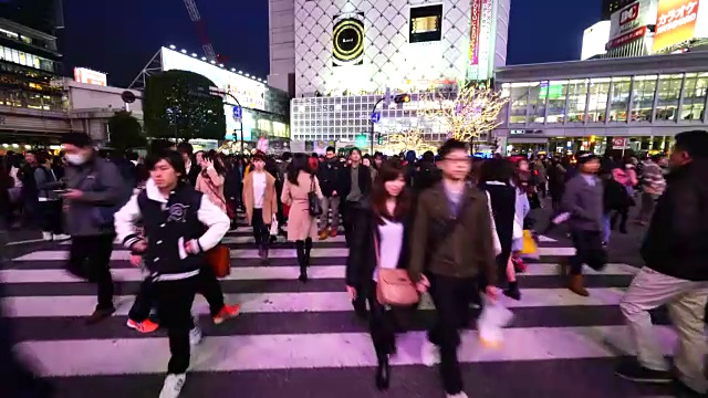 周日晚上，镜头穿过涩谷十字路口前往涩谷车站。并拍摄行人，夜景和涉谷站在十字路口。视频素材