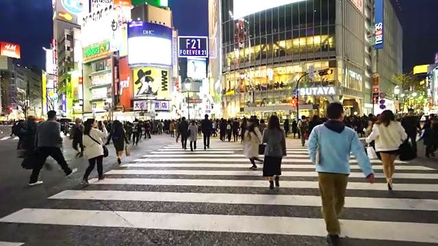 周日晚上，当穿过涩谷十字路口时，旋转的摄像头捕捉到了夜景和行人。视频素材