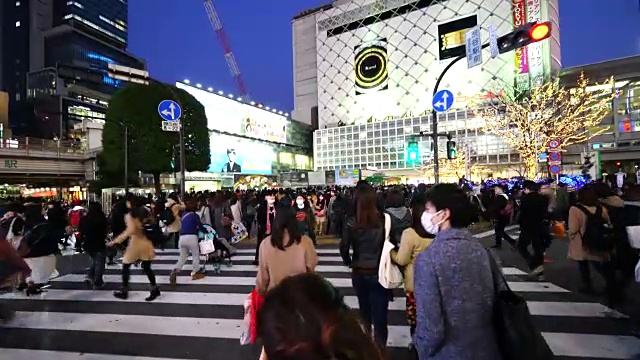 周日傍晚，镜头正穿过涩谷十字路口前往涩谷站。并拍摄行人，夜景和涉谷站在十字路口。视频素材