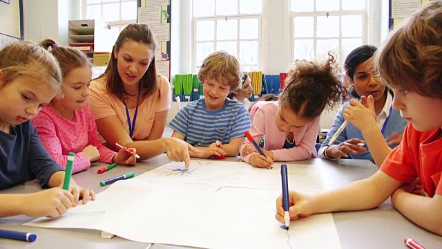 一组孩子在课堂上画画视频素材