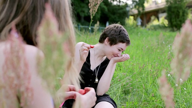 两名年轻女子坐在施普雷河边野餐、吃草莓的MS照片/柏林，德国视频下载