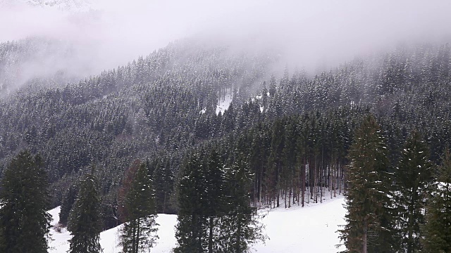 乡村雪山景观。低云绕山松。视频下载