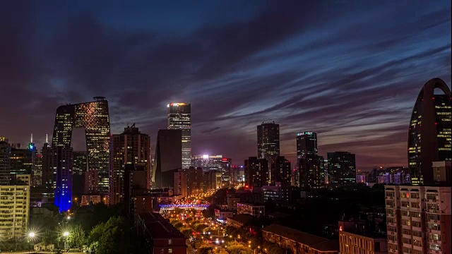 时光流逝——北京中央商务区，从黄昏到夜晚的过渡(WS HA Panning)视频素材