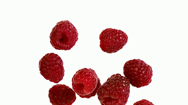树莓，悬钩子，水果落在白色背景，慢动作视频下载