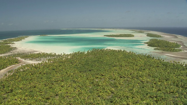 棕榈树和蓝色泻湖边缘的热带环礁泻湖，朗伊罗，法属波利尼西亚视频下载