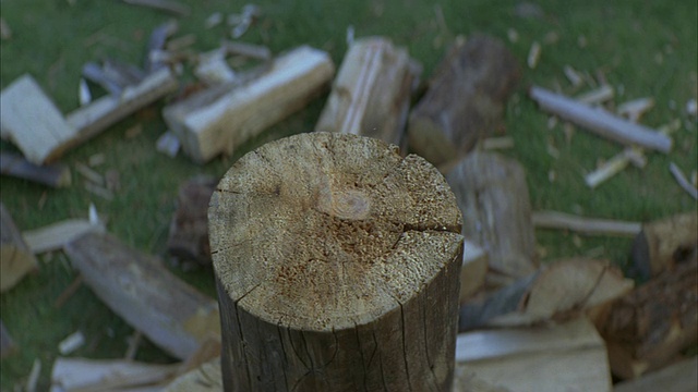 砧板上的原木闭合角度。斧砍日志。木桩堆在树桩旁边的地上。视频素材