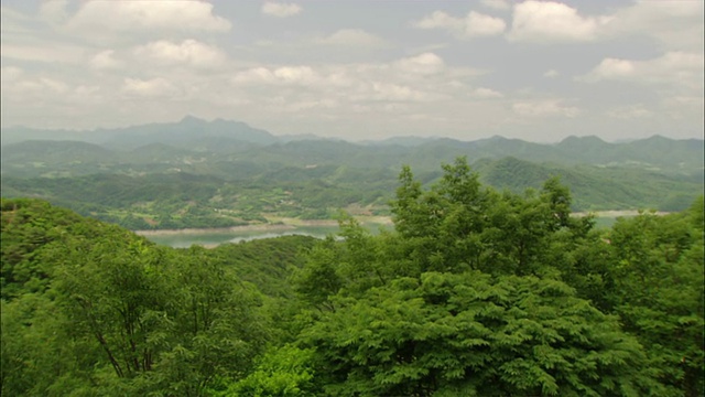 一条河流流经韩国郁郁葱葱的山谷。视频素材