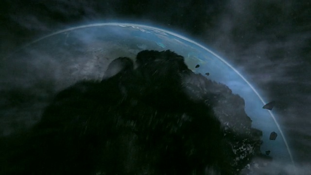 一幅蒙太奇图显示了一颗流星冲向地球并在撞击时爆炸。视频下载