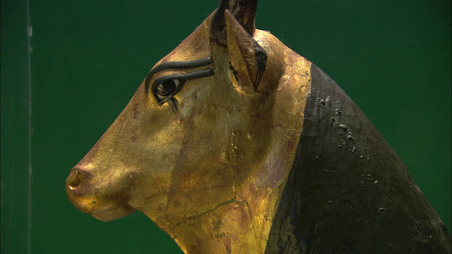 柔和的灯光照在埃及卢克索的金牛雕像上。视频素材