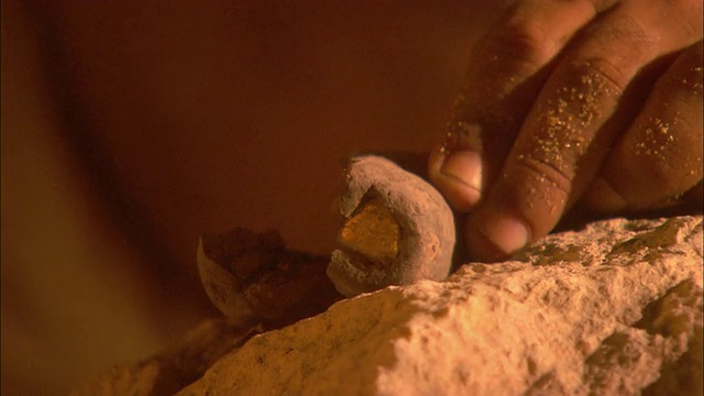 人们用手在坚硬的泥土上敲击岩石，发现里面藏着一块金子。视频下载