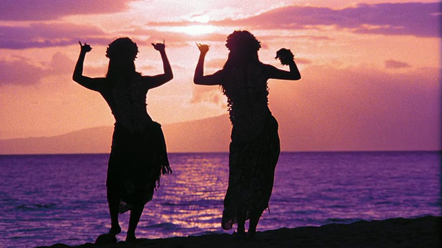 两名女性草裙舞舞者的紫色剪影/以海洋为背景/夏威夷视频下载
