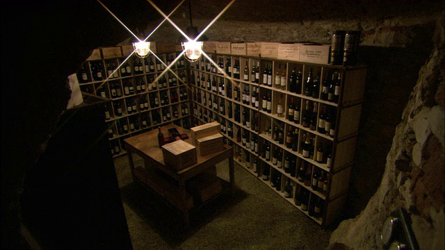 餐厅酒窖里存放着几瓶葡萄酒。视频下载