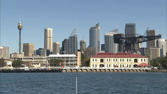 悉尼塔和其他摩天大楼排列在海滨。视频下载