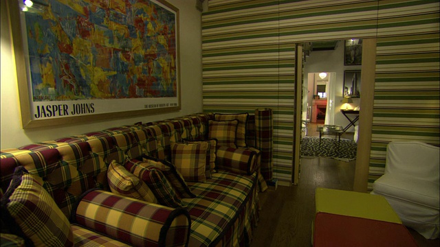 书柜、方格沙发和一幅画装饰着一间豪华的酒店房间。视频下载