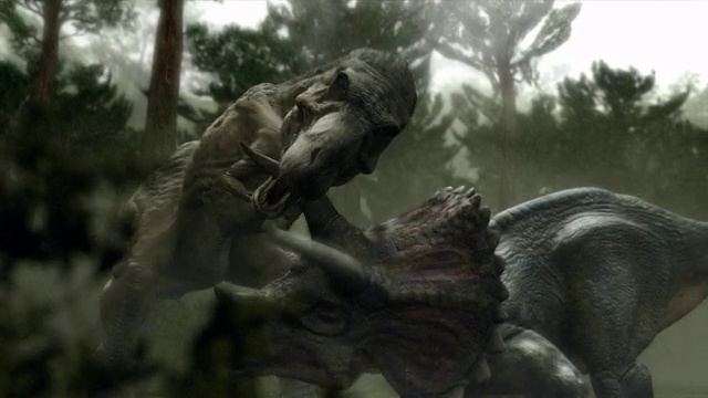 电脑制作的动画中，一头雷克斯暴龙和一头三角龙在森林里打斗。视频下载