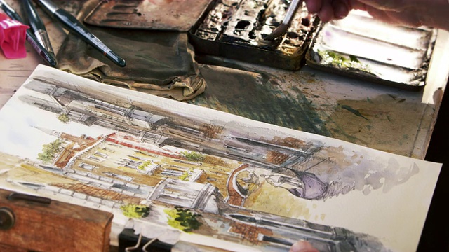 艺术家用水彩画的场景在威尼斯运河上的贡多拉。视频下载