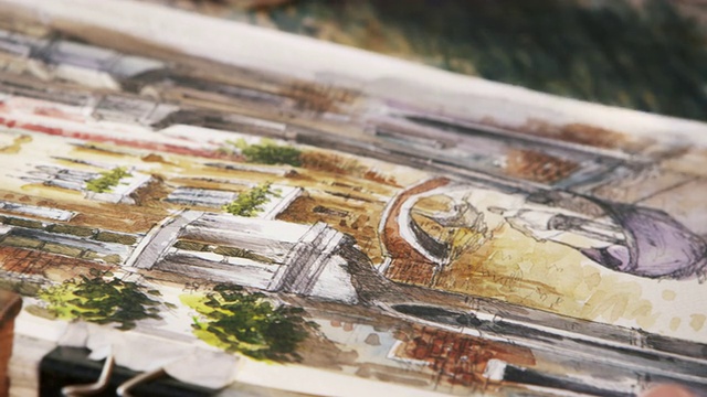 近距离拍摄的艺术家在威尼斯运河上的贡多拉的一个场景的细节绘画。视频素材