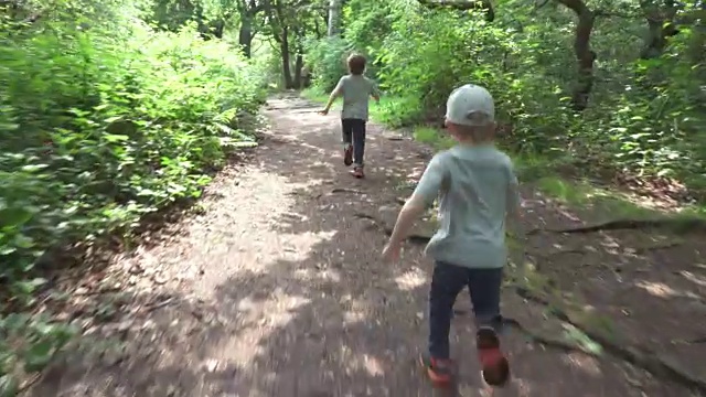 两个小男孩在林中小径上奔跑视频素材