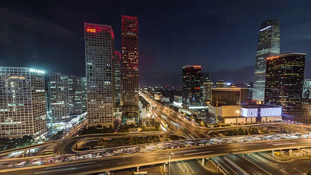 时间流逝-北京夜晚被照亮的摩天大楼视频素材