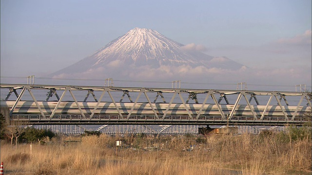一列火车在富士山前面呼啸而过。视频素材