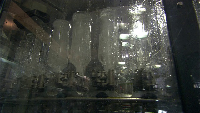 在朗姆酒装瓶厂，传送带移动干净的瓶子。视频素材