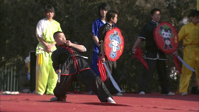 一位武术家用棍棒表演，而其他武术家则拿着盾牌站在旁边。视频下载