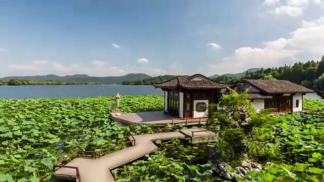 4K延时:中国杭州，西湖上，蓝天白云下，被圣莲环绕的石舫视频素材