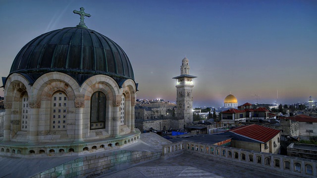 日落的时间流逝在耶路撒冷的屋顶，包括圆顶的岩石视频下载