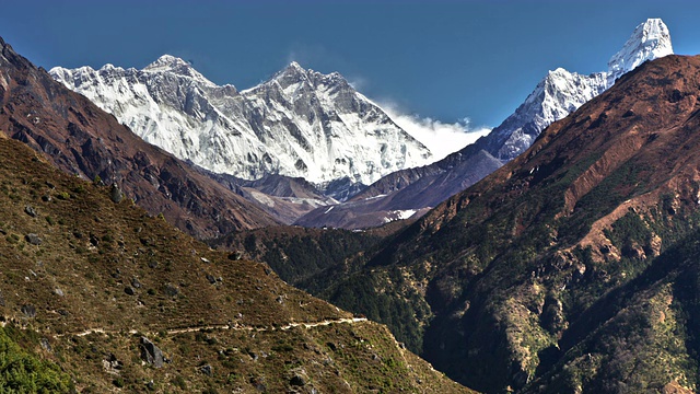 延时拍摄珠穆朗玛峰和周围的山峰，以及在前景步道上的人们。视频素材