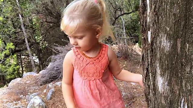 年轻的女孩从树干后面走出来视频下载