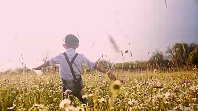 SLO MO快乐的男孩跑过草地，伸出双臂视频素材