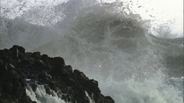泡沫和水花抓住风，海浪撞击岩石海岸在暴风雨中，新西兰视频素材