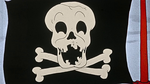 20世纪30年代动画特写挥舞海盗旗，唱着歌的骷髅头+交叉的骨头/骷髅头的眼睛滚动视频下载