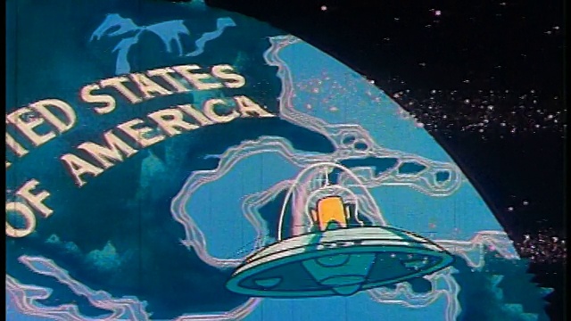 1948年，动画宽镜头跟踪射击飞船与火星飞行员飞向地球+“美利坚合众国”视频素材