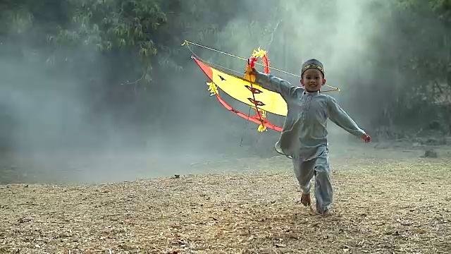 孩子男孩玩他的风筝享受概念。视频素材