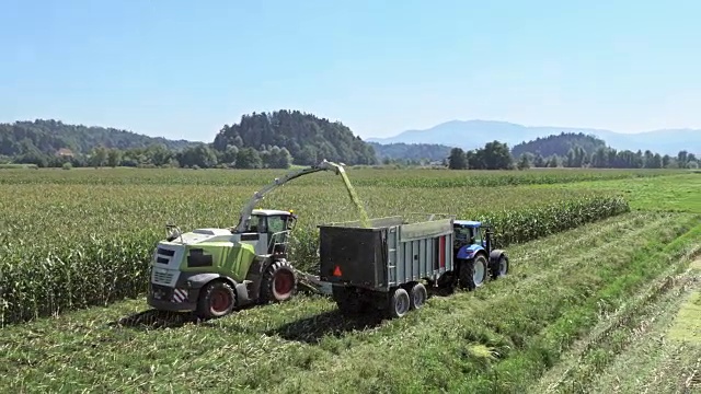 空中联合收割机和拖拉机在收割玉米视频下载
