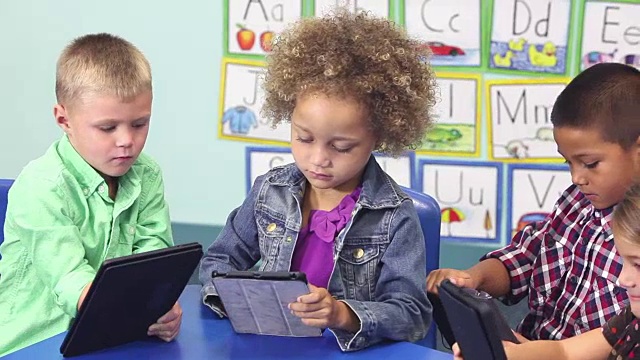 四个多民族的孩子在学校使用数字平板电脑视频素材