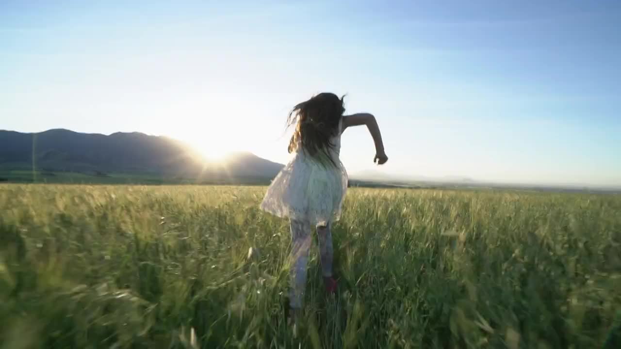 日落时分在田野里奔跑的年轻女孩的后视图。视频下载
