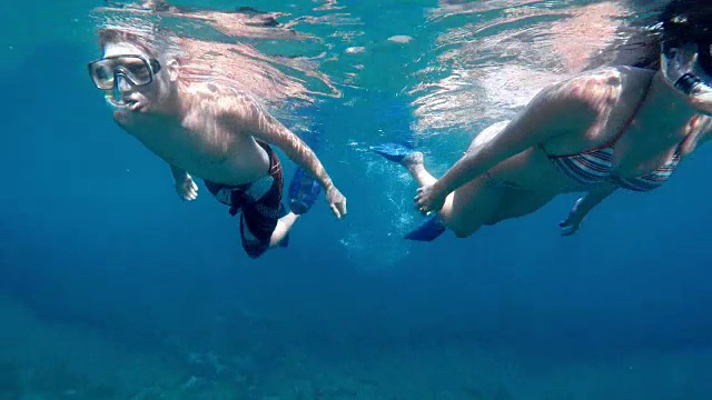 POV夫妇潜水与游泳面具视频素材