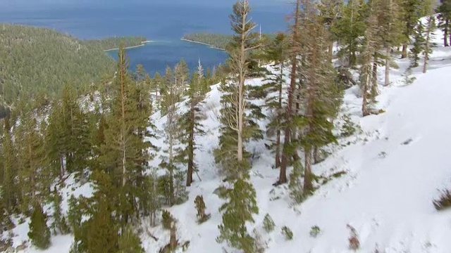 WS AERIAL POV翡翠湾州立公园与岩石山顶和塔霍湖在雪覆盖的松树林在北部内华达山脉/加利福尼亚，美国视频素材