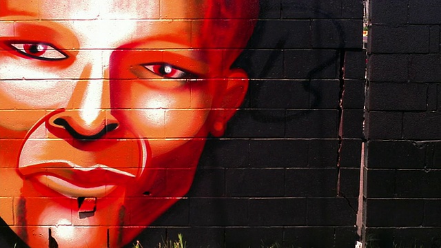 MS time lapse后视图年轻人在黑色墙壁上喷绘面部壁画(自画像)/洛杉矶视频下载