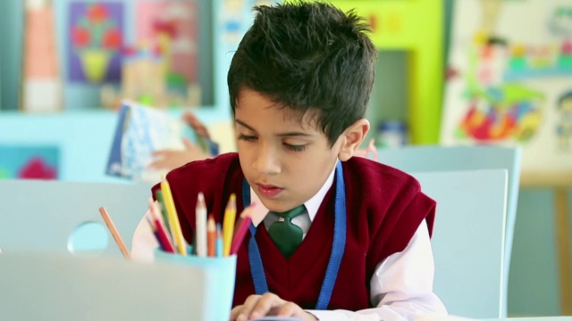 印度德里，一名男孩在教室里学习视频购买