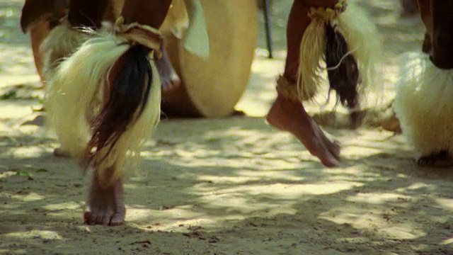 低角度中镜头黑色祖鲁人的脚在服装做土著舞蹈/德班，夸祖鲁-纳塔尔省，南非视频素材